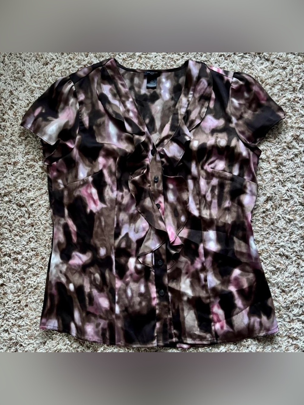 Ann Taylor Brown & Pink Ruffle-Front Short Sleeve Blouse Size 12